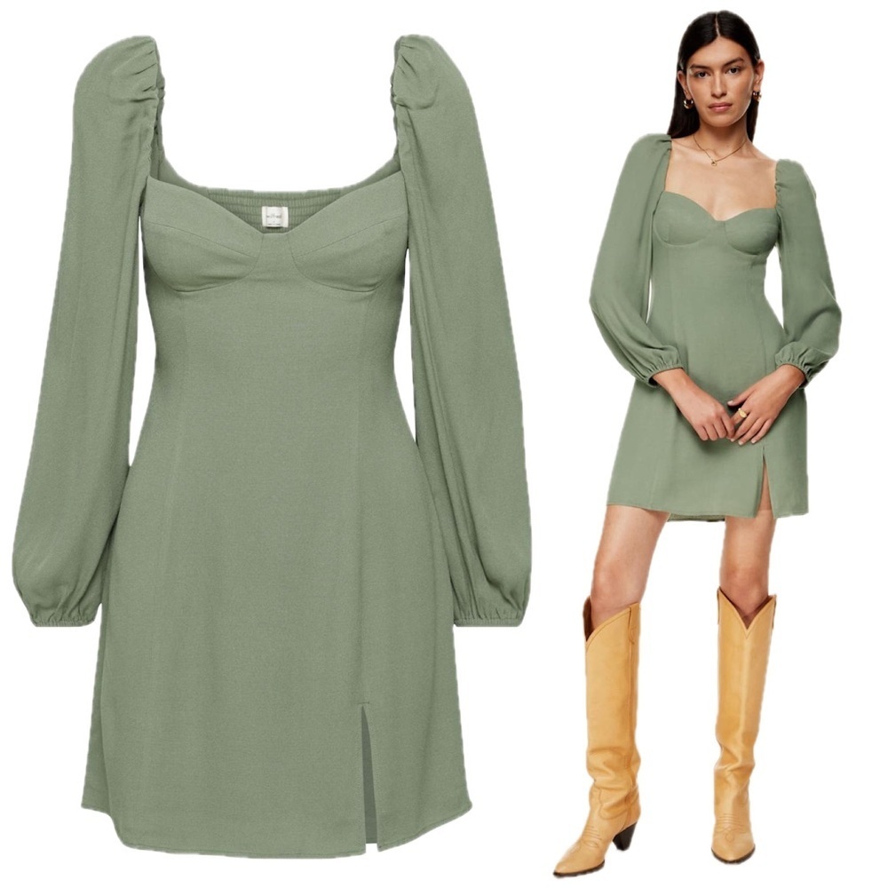 Wilfred Aritzia Novela Sage Green Square Neck Puff Sleeve Babydoll Mini Dress